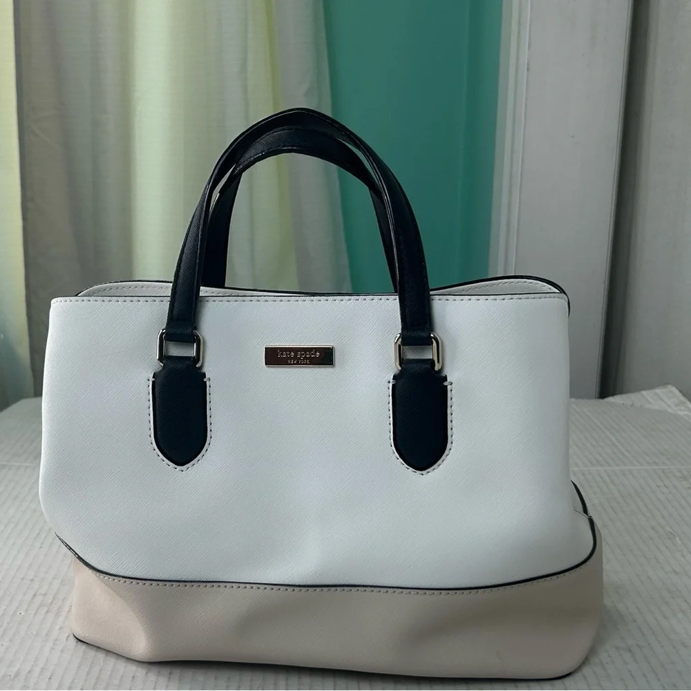 Kate Spade Laurel Way Evangelie Tote Cream Nude Black Straps Gold Satchel Bag